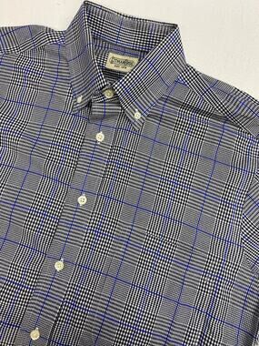 VTG Men Gitman Brothers USA black blue plaid button down cotton dress shirt M